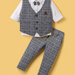 Mini Taurus Interlock Knit Full Sleeves Checks & Printed 3 Piece Party Suit With Bow Applique - Navy Blue-image-13