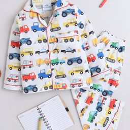 Knitting Doodles Pure Cotton Woven Full Sleeves Cars Printed Coordinating Night Suit Set - White-image-72