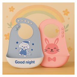 KIDS BASIC Soft Silicone Baby Bib with Food Pocket , Waterproof & Adjustable - Grey & Pink (Pack of 2)-19