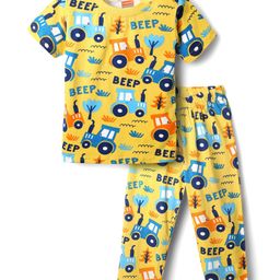 Babyhug Cotton Knit Half Sleeves Co-ords Night Suit With Vehicle Print - Yellow-image-94