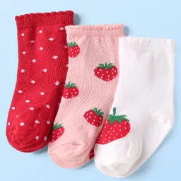 Cute Walk By Babyhug Knit Ankle Length Anti Bacterial Socks With Polka Dot & Strawberry Design Pack of 3 - White Pink & Red-picture-29