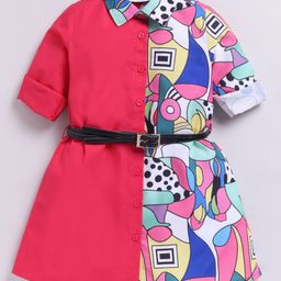 M'andy Cotton Woven Sleeveless Abstract Printed Shirt Style Dress With Belt - Magenta & Blue-image-92