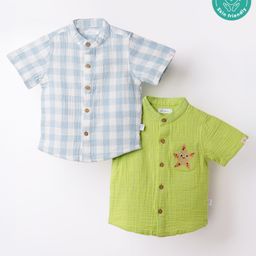 Greendeer 100% Softner Washed Muslin Cotton Woven Pack Of 2 Half Sleeves Checked & Starfish Embroidered Shirts - Green & Yellow-image-95