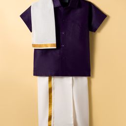 Dapper Dudes Half Sleeves Solid Shirt With Mundu Lungi & Geometric Foil Printed Angavastram Set - Violet-picture-17