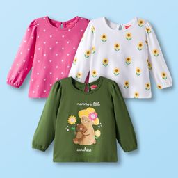 Babyhug 100% Cotton Knit Full Sleeves T-Shirts with Floral Bear & Heart Print Pack of 3 - White Pink & Green-picture-9