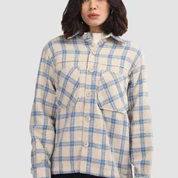 CHKOKKO Checked Spread Collar Single Breasted Shacket Coats-image-32