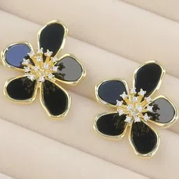 AKISON JEWELS Gold Plated Black Stone Studded Floral Stud Earrings-image-61
