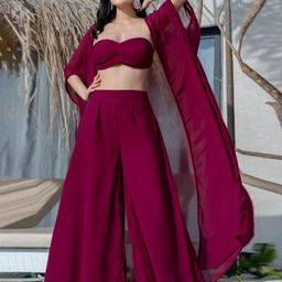 HOUSE OF JAMOTI Radiance Strapless Georgette Top With Palazzo & Cape Set-image-18