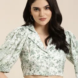 SHOWOFF Floral Printed Puff Sleeves Shirt Style Crop Top-56