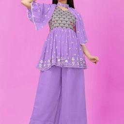 PARROT CREATION Embroidered Straight Sequinned Kurti With Palazzos And Dupatta-picture-1