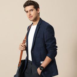 Mr Bowerbird Men Navy Blue Solid Single Breasted Casual Tweed Blazer-image-80
