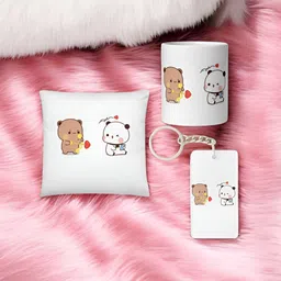 Anikmart 3-Pcs White & Brown Printed Cushion With Mug & Key Chain image 2