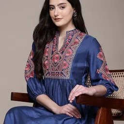 aarke Ritu Kumar Floral Embroidered Puff Sleeve A-Line Dress-image-52