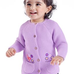 Babyoye Eco-Conscious 100% Cotton Knit Full Sleeves Floral Design Front Open Sweater - Lavender-image-79