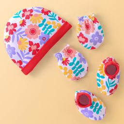 Babyhug 100% Cotton Knit Cap Mittens & Booties Set with Floral Print - Red-image-1