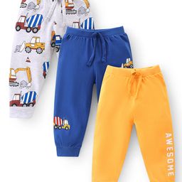 Babyhug Cotton Jersey Knit Full Length Lounge Pant Truck & Text Print Pack of 3 - Blue White & Yellow-picture-30