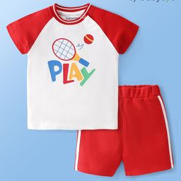 Babyoye 100% Cotton With Eco Jiva Finish Half Sleeves T-Shirt & Shorts Set Tennis Print - Red & White-picture-13