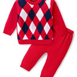 Babyhug Knitted Full Sleeves Checkered Design Sweater Set - Red-image-73