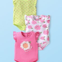 Babyhug 100% Cotton Knit Frill Sleeves Polka Dots & Floral Printed Onesies Pack of 3 - Multicolour-picture-11