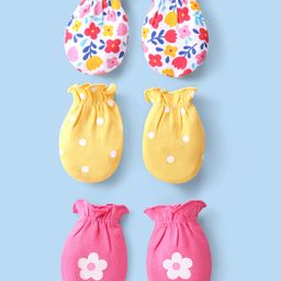 Babyhug 100% Cotton Knit Floral & Polka Dots Printed Mittens Pack of 3 - White Yellow & Pink-image-54