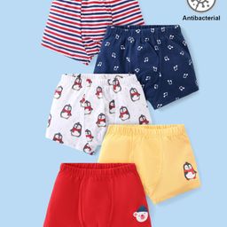 Babyhug 100% Cotton Knit Antibacterial Trunks  with Striped & Penguin Print  Pack of 5 - Red White &  Blue-image-9