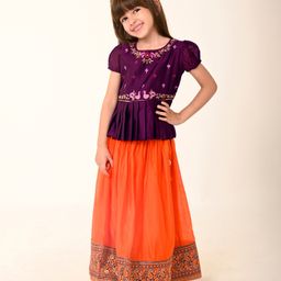 Babyhug Woven Short Sleeve Floral Embroidered Pattu Pavada Choli Lehenga Set with Foil Print - Orange-image-64