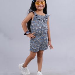 Kiddopanti Frill Sleeves Floral Printed Striped Jumpsuit - Black-image-8