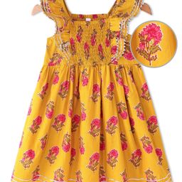 Babyhug Cotton Woven Cap Sleeves Floral Printed Ethnic Dress - Yellow-picture-13