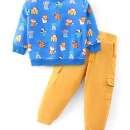 Babyhug Cotton Knit Full Sleeves T-Shirt & Lounge Pants Set With Alphabets & Animals Print - Blue & Yellow-image-19