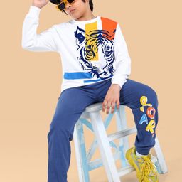 Ollington St. 100% Cotton Knit Full Sleeves Sweatshirt  & Joggers Set With Tiger Print - White & Navy-image-66