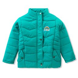 Pine Kids Woven Full Sleeves High Neck Front Open Padded Quilted Jacket With Rainbow Patch Detailing - Green-image-86