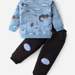 Kookie Kids Terry Knit Full Sleeves Winter Wear Set With Dino Print & Knee Patch Detailing - Light Blue-image-91