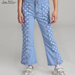Arias Cotton Woven Stretch Denim Fit & Flare Jeans With Printed Side Panels & Front Slit - Blue-image-74