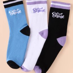 Pine Kids Cotton Knit Socks With Logo Design Pack of 3 - Black White & Light Blue-image-57
