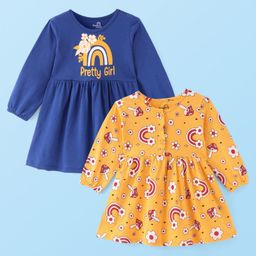 Doodle Poodle Cotton Single Jersey Full Sleeves Frocks with Rainbow & Floral Print Pack of 2 - Blue & Orange-picture-16