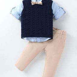 ToffyHouse 100% Cotton Woven Full Sleeves Solid Shirt & Full Length Trouser Set with Flat Knit Sweater & Bow - Light Blue-image-51