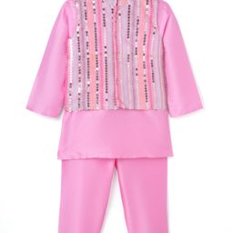 Saka Designs Taffeta Woven Full Sleeves Solid Colour Kurta Pyjama Set with Sequinned Nehru Jacket - Pink-image-41