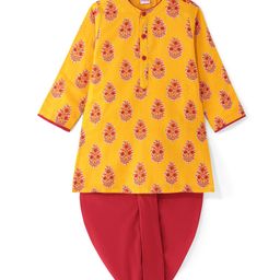 Babyhug Cambric Woven Full Sleeves Floral Printed Kurta Dhoti Set - Mustard & Maroon-image-63