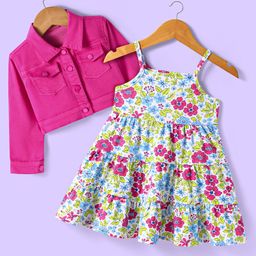 Babyhuhg Cotton Knit Full Sleeves Solid Colour Jacket with Floral Printed Tiered Frock - White & Dark Pink-image-69