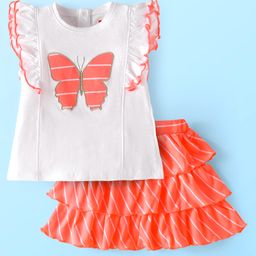 Babyhug Single Jersey Knit Frill Sleeves Top with Skirt & Butterfly Patch - White & Neon Orange-image-27