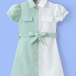 Mark & Mia Half Puffed Sleeves Cut & Sew Designed Shirt Style Frock with Waist Belt Detailing - Light Green-image-26