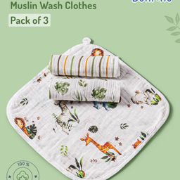 Bonfino Organic Muslin Wash Clothes African Safari Print Set of 3 - Green & White-22