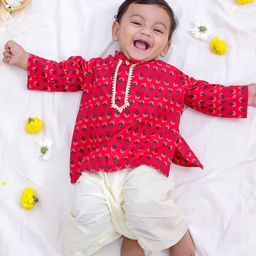 KID1 Cotton Full Sleeves Floral Printed & Samosa Lace Embellished Kurta Dhoti - Maroon-picture-19