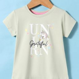 Teddy Sinker Knit Half Sleeves T-Shirt With Unicorn Print - Mint-0