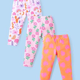 Babyhug Cotton Lycra Knit Full Length Leggings with Floral & Hearts Print Pack of 3 - White Pink & Orange-image-90