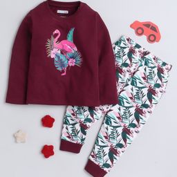 BUMZEE Cotton Knit Full Sleeves Flamingo & Leaves Printed Night Suit - Maroon-image-63