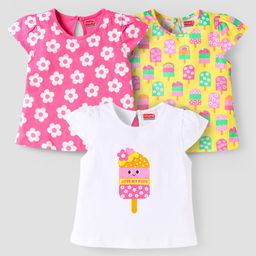 Babyhug Cotton Knit Sleeveless T-Shirts With Floral & Ice- Cream Print Pack Of 3 - Pink Yellow & White-image-76