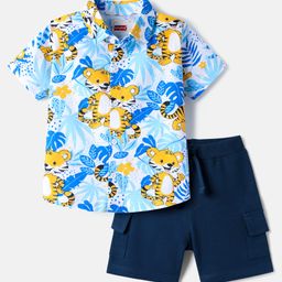 Babyhug Single Jersey Knit Half Sleeves Shirt & Shorts Set with TigerPrint - Navy Blue & Light Blue-image-72