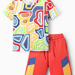 Ollington St. Cotton Half Sleeves Printed T-Shirt & Knit Shorts Set - Multicolor & Red-image-25