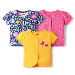 Babyhug 100% Cotton Antibacterial Front Open Half Sleeves Vest With Polka Dots & Floral Print Pack Of 3 - Dark Pink Blue & Yellow-picture-7